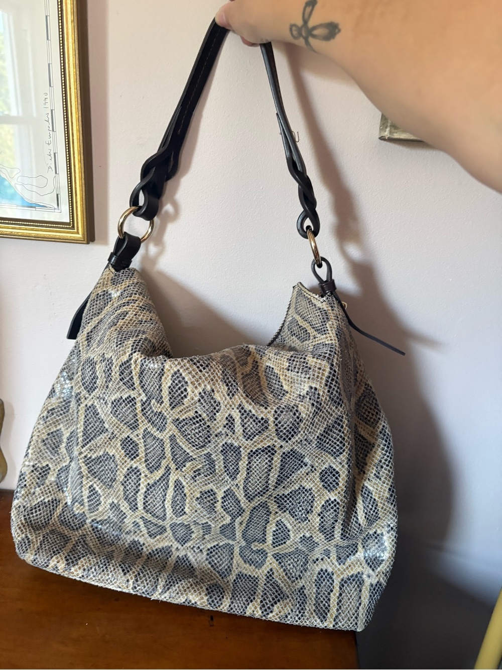 Dooney & Bourke Inspired Snake-Print Hobo Bag in Beige and Brown - Picture 3 of 8